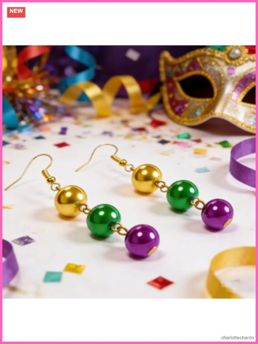 Mardi Gras Beaded Dangle Earrings Gold Plated Stainless Steel French Hook